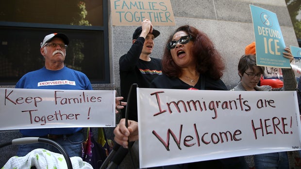 SAN FRANCISCO, CA - JUNE 01:  Protesters hold signs during a demonstration outside of the San Francisco office of the Immigration and Cutsoms Enforcement (ICE) on the National Day of Action for Children on June 1, 2018 in San Francisco, California. The day of action was held to ask the Trump administration to keep families together as they seek legal status in the U.S. (Photo by Justin Sullivan/Getty Images)