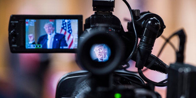 HANAHAN, SC - FEBRUARY 15: Republican presidential candidate Donald Trump is seen speaking through a camera at a press conference at the City of Hanahan town hall in Hanahan, SC on Monday Feb. 15, 2016. (Photo by Jabin Botsford/The Washington Post via Getty Images)