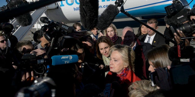 Democratic presidential nominee Hillary Clinton speaks to press before boarding her plane at Westchester County Airport Novem