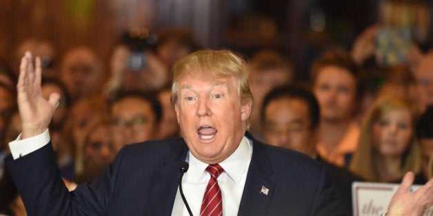 New York City - NY - USA - September 3 2015: Republican presidential candidate Donald Trump gestures emphatically during press conference at Trump Tower to announce he has signed a pledge not to run as an independent candidate