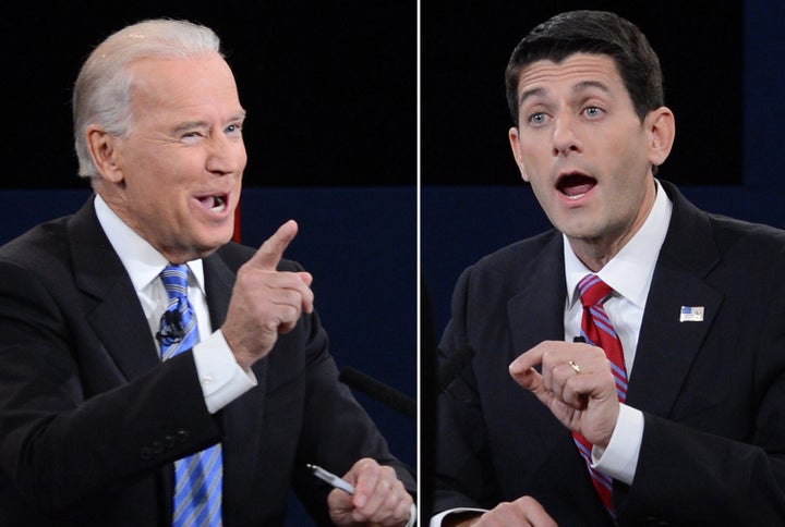 A combination picture of the vice presidential debate between US Vice President Joe Biden (L) and Republican vice presidential candidate Paul Ryan (R) at the Norton Center at Centre College in Danville, Kentucky, October 11, 2012, moderated by Martha Raddatz of ABC News. AFP PHOTO / Saul LOEB (Photo credit should read SAUL LOEB/AFP/GettyImages)