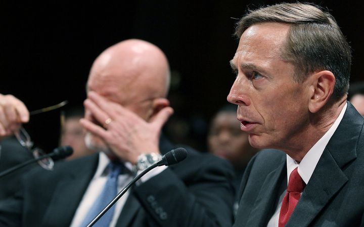 WASHINGTON, DC - SEPTEMBER 13: Central Intelligence Agency Director, David Petraeus (R), and Director of National Intelligence, James Clapper (L), participate in a House Select Intelligence Committee and Senate Intelligence Committee joint hearing, on September 13, 2011 in Washington, DC. The joint committee is meeting to hear testimony on the state of intelligence reform 10 years after the September 11, 2001 terrorist attacks. (Photo by Mark Wilson/Getty Images)