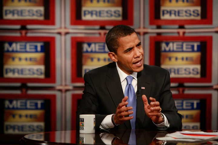 CHICAGO - DECEMBER 06: (AFP OUT) President-elect Barack Obama speaks to host Tom Brokaw during a taping of 'Meet the Press' at the NBC Tower on December 6, 2008 in Chicago, Illinois. Obama discussed his plans for the economy, the war in Iraq, and his cabinet choices during the taping. (Photo by Scott Olson/Getty Images for Meet the Press)