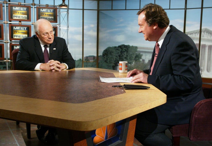 WASHINGTON - SEPTEMBER 8: U.S. Vice President Dick Cheney (L) is interviewed by moderator Tim Russert on NBC's 'Meet the Press' September 8, 2002 during a taping at the NBC studios in Washington, D.C. Cheney talked about the first anniversary of the September 11 attacks and its reflections, the fate of Iraqi President Saddam Hussein, and other political issues. (Photo by Alex Wong/Getty Images)