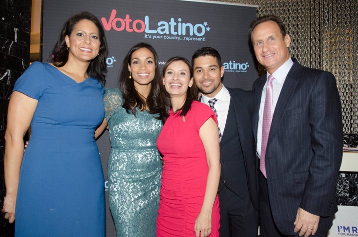 WASHINGTON, DC - JANUARY 20: (L-R) Karen Finney, Rosario Dawson, Maria Teresa Kumar, Wilmer Valderrama and Jose Diaz Balart p