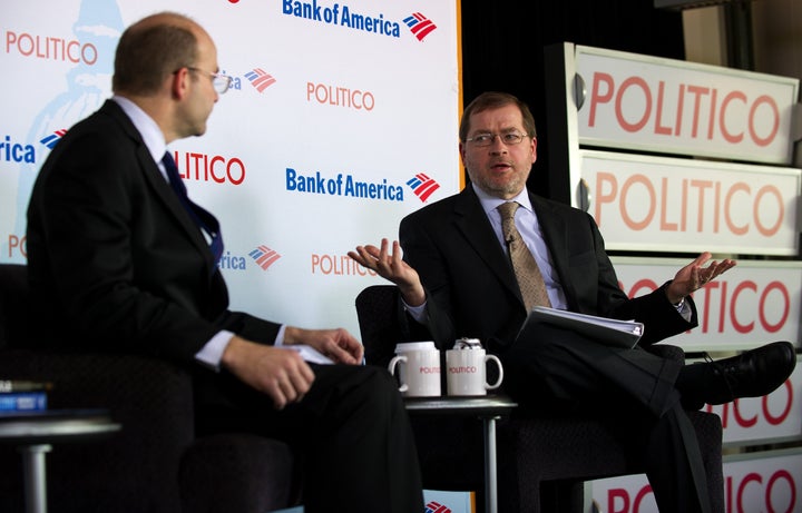 Americans for Tax Reform President Grover Norquist (R) talks with Politico Chief White House Correspondent Mike Allen (L) during the Politico Playbook Breakfast at the Newseum in Washington, DC, November 28, 2012. AFP Photo/Jim WATSON (Photo credit should read JIM WATSON/AFP/Getty Images)