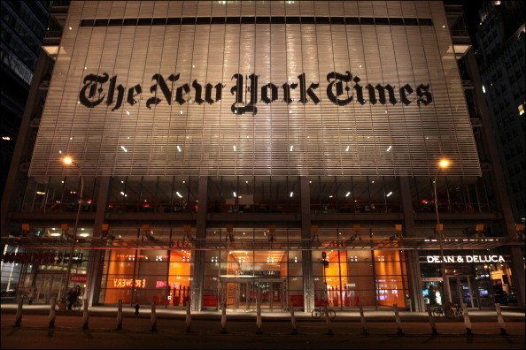 Nighttime view of the New York Times Building (at 620 Eighth Avenue), New York, New York, January 21, 2013. (Photo by Oliver Morris/Getty Images)