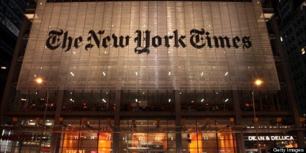 Nighttime view of the New York Times Building (at 620 Eighth Avenue), New York, New York, January 21, 2013. (Photo by Oliver