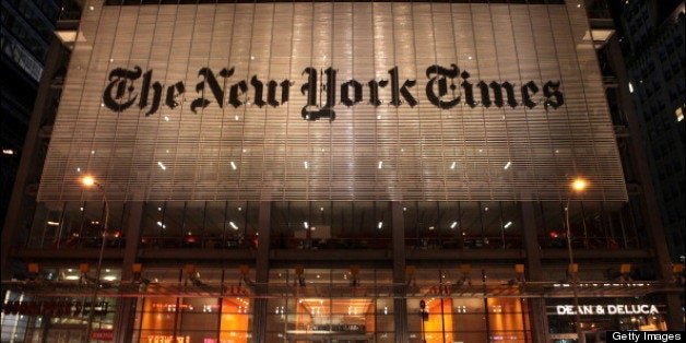 Nighttime view of the New York Times Building (at 620 Eighth Avenue), New York, New York, January 21, 2013. (Photo by Oliver Morris/Getty Images)