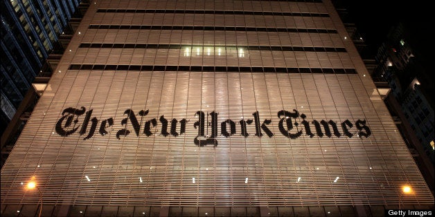 Nighttime view of the New York Times Building (at 620 Eighth Avenue), New York, New York, January 21, 2013. (Photo by Oliver Morris/Getty Images)