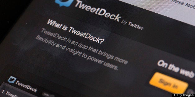 A logo for Twitter Inc.'s TweetDeck is seen on the company's website in this arranged photograph taken in London, U.K., on Tuesday, May 7, 2013. TweetDeck apps for Apple Inc. iPhones, Google Inc. Android devices, Mac computers and machines that run Microsoft Corp.'s Windows will be removed from app stores in May, San Francisco-based Twitter Inc. said in a blog post. Photographer: Simon Dawson/Bloomberg via Getty Images