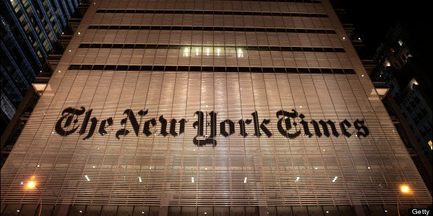 Nighttime view of the New York Times Building (at 620 Eighth Avenue), New York, New York, January 21, 2013. (Photo by Oliver Morris/Getty Images)