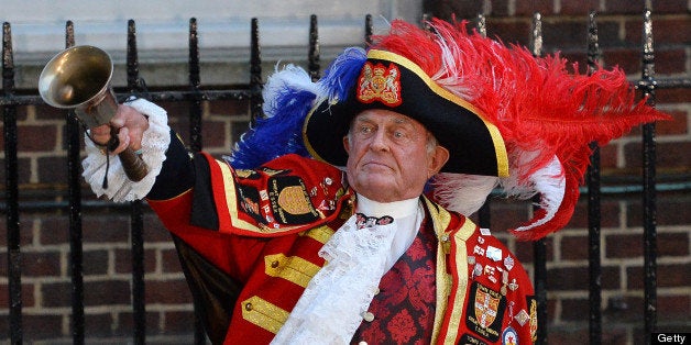 Town Crier Tony Appleton announces the birth of Prince William and Catherine Duchess of Cambridge's baby boy outside of the L