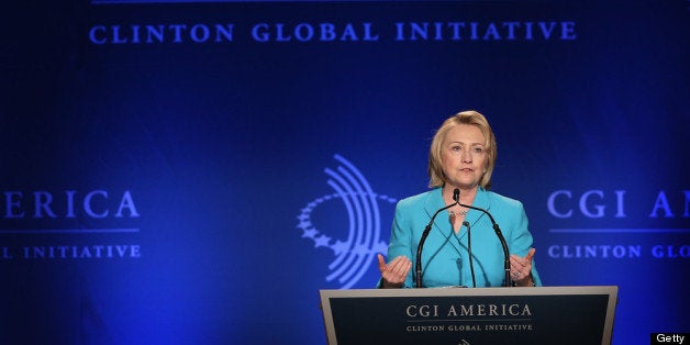 CHICAGO, IL - JUNE 13: Former Secretary of State Hillary Clinton speaks to guests at the Clinton Global Initiative (CGI) on June 13, 2013 in Chicago, Illinois. The CGI was established in 2005 by former President Bill Clinton with the intention of convening world leaders to address pressing global issues. (Photo by Scott Olson/Getty Images)