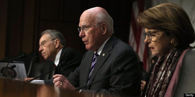 WASHINGTON, DC - JULY 31: Committee Chairman Sen. Patrick Leahy (D-VT) (C) speaks as ranking member Sen. Charles Grassley (R-IA) (L) and Sen. Dianne Feinstein (D-CA) listen during a hearing before the Senate Judiciary Committee July 31, 2013 on Capitol Hill in Washington, DC. The hearing was to focus on oversight of the Foreign Intelligence Surveillance Act (FISA) surveillance programs. (Photo by Alex Wong/Getty Images)