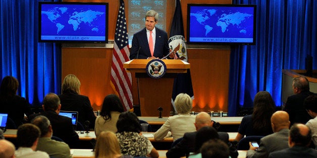 US Secretary of State John Kerry speaks on Syria at the State Department in Washington, DC, on August 26, 2013. The United States said Tuesday that chemical weapons had been used against Syrian civilians and warned President Barack Obama would demand accountability for this 'moral obscenity.' Employing his strongest language yet, Kerry said Washington was still examining evidence, but left no doubt that Bashar al-Assad's regime would be blamed. AFP Photo/Jewel Samad (Photo credit should read JEWEL SAMAD/AFP/Getty Images)