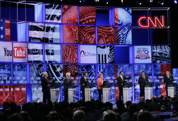 Candidates stand at their respective podiums during the CNN/YouTube Democratic Presidential Candidates Debate 23 July 2007 at the Citadel Military College in Charleston, South Carolina. AFP PHOTO/Stan HONDA (Photo credit should read STAN HONDA/AFP/Getty Images)