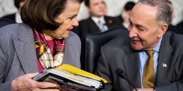 UNITED STATES - JANUARY 30: Sen. Dianne Feinstein, D-Calif., and Sen. Chcuk Schumer, D-N.Y., talk before the start of the Senate Judiciary Committee hearing on 'What Should America Do About Gun Violence?' on Wednesday, Jan. 30, 2013. (Photo By Bill Clark/CQ Roll Call)