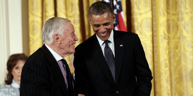 WASHINGTON, DC - NOVEMBER 20: U.S. President Barack Obama greets Ben Bradlee, former Executive Editor of the Washington Post, before awarding him the Presidential Medal of Freedom in the East Room at the White House on November 20, 2013 in Washington, DC. The Presidential Medal of Freedom is the nation's highest civilian honor, presented to individuals who have made meritorious contributions to the security or national interests of the United States, to world peace, or to cultural or other significant public or private endeavors. (Photo by Win McNamee/Getty Images)