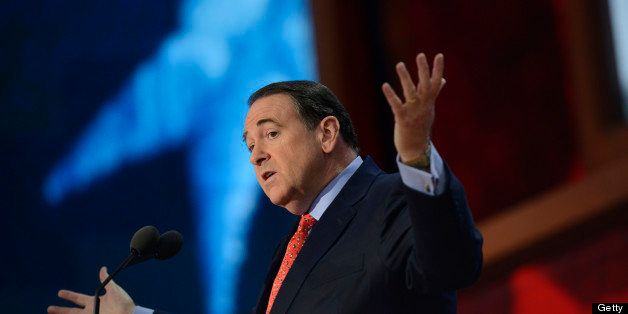 Former US presidential contender Mike Huckabee speaks during the third day of the 2012 Republican national Convention at the Tampa Bay Times Forum August 29, 2012 in Tampa, Florida. AFP PHOTO/Brendan SMIALOWSKI (Photo credit should read BRENDAN SMIALOWSKI/AFP/GettyImages)