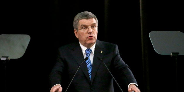 President of International Olympic Committee Thomas Bach delivers his speech at a welcoming event of IOC ahead of the 2014 Wi