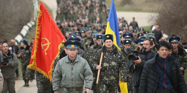 LUBIMOVKA, UKRAINE - MARCH 04: Colonel Yuli Mamchor (L), commander of the Ukrainian military garrison at the Belbek airbase,