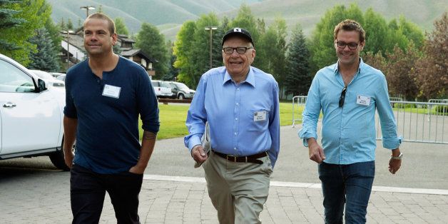 SUN VALLEY, ID - JULY 10: Media mogul Rupert Murdoch (C) executive chairman of News Corporation and chairman and CEO of 21st Century Fox; James Murdoch, (R) son of Rupert Murdoch and the deputy chief operating officer of News Corporation; and Lachlan Murdoch, son of Rupert Murdoch and executive of Illyria Property Limited, arrive for morning session of the Allen & Co. annual conference at the Sun Valley Resort on July 10, 2013 in Sun Valley, Idaho. The resort is hosting corporate leaders for the 31st annual Allen & Co. media and technology conference where some of the wealthiest and most powerful executives in media, finance, politics and tech gather for weeklong meetings. Past attendees included Warren Buffett, Bill Gates and Mark Zuckerberg. (Photo by Kevork Djansezian/Getty Images)