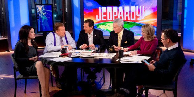 NEW YORK, NY - FEBRUARY 26: TV personality Alex Trebek (3rd R) and hosts of 'The Five' (L-R) Kimberly Guilfoyle, Bob Beckel, Eric Bolling, Dana Perino and Greg Gutfeld attend FOX News' 'The Five' at FOX Studios on February 26, 2014 in New York City. (Photo by Noam Galai/Getty Images)