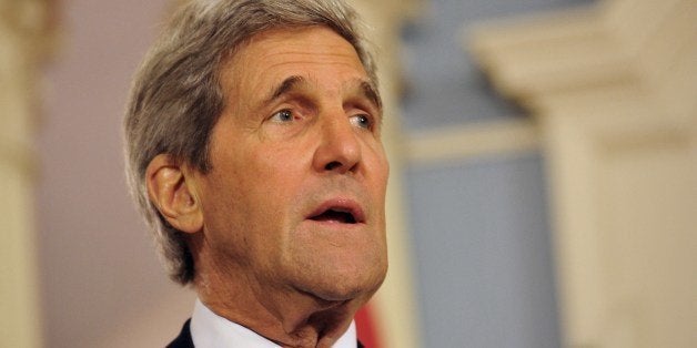 US Secretary of State John Kerry talks to the media prior to his talks with the Egyptian Foreign Minister Nabil Fahmy in Washington, DC on April 29, 2014 at the State Department. AFP PHOTO/MLADEN ANTONOV (Photo credit should read MLADEN ANTONOV/AFP/Getty Images)