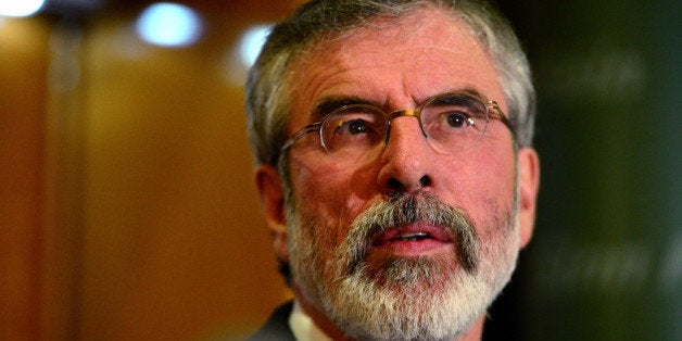 BELFAST, NORTHERN IRELAND - MAY 04: Sinn Fein Leader Gerry Adams speaks during a press conference at Balmoral Hotel after he was released from Antrim PSNI Station without charge following questioning over the Jean McConville murder, on May 4, 2014 in Belfast, Northern Ireland. (Photo by Jeff J Mitchell/Getty Images)