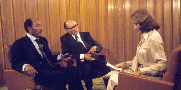 ABC NEWS - 11/20/77BARBARA WALTERS arranged a joint interview with Egypt's President ANWAR SADAT and Israel's Prime Minister MENACHEM BEGIN for ABC News airing on the ABC Television Network.(Photo by ABC Photo Archives via Getty Images)ANWAR SADAT, MENACHEM BEGIN, BARBARA WALTERS