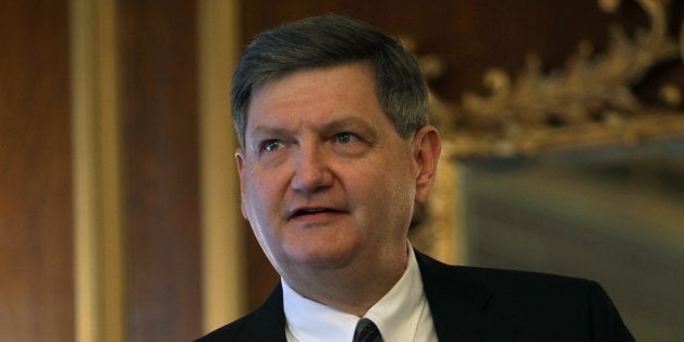 BOSTON - FEBRUARY 7: James Risen, a Pulitzer Prize winning journalist for the New York Times speaks after receiving the 2014 Stephen Hamblett Award from the New England First Amendment Coalition at the Park Plaza on Friday. Risen has done ground-breaking work on domestic spying and now faces legal peril for refusing to disclose the source for his account of a failed CIA operation in Iran. (Photo by Joanne Rathe/The Boston Globe via Getty Images)