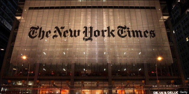 Nighttime view of the New York Times Building (at 620 Eighth Avenue), New York, New York, January 21, 2013. (Photo by Oliver Morris/Getty Images)