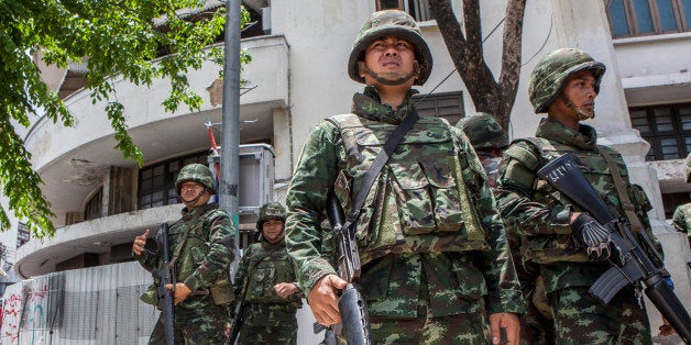 BANGKOK, THAILAND - MAY 23: A day after declaring a coup, the Thai military tightened its control over the country on Friday in the center of Bangkok, Thailand on May 23, 2014. (Photo by Vinai Dithajohn/Anadolu Agency/Getty Images)