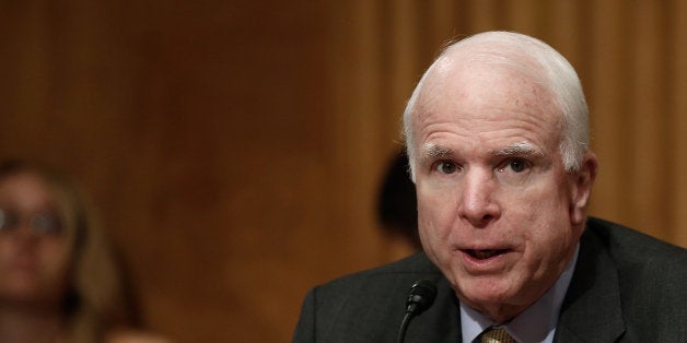 WASHINGTON, DC - MAY 15: Sen. John McCain (R-AZ) asks questions during a hearing held by the Senate Homeland Security Commit
