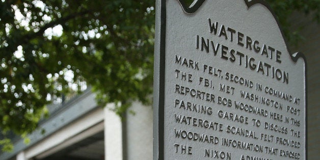 ARLINGTON, VA - AUGUST 27: A historical marker stands next to the entrance of the parking garage where Washington Post repo
