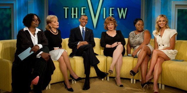 US President Barack Obama appears on the ABC daytime television talk show, 'The View' in New York, July 28, 2010, alongside hosts (L-R) Whoopi Goldberg, Barbara Walters, Joy Behar, Sherri Shepherd and Elisabeth Hasselbeck. AFP PHOTO / Saul LOEB (Photo credit should read SAUL LOEB/AFP/Getty Images)
