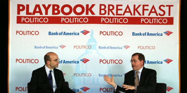 WASHINGTON, DC - NOVEMBER 28: Grover Norquist (R), president of Americans for Tax Reform, speaks as Politico Chief White House Correspondent Mike Allen (L) looks on during a Politico Playbook Breakfast November 28, 2012 at the Newseum in Washington, DC. Norquist is known for advocating the 'Taxpayer Protection Pledge,' which 95 percent of Republicans in Congress signed, promising to oppose all tax increases, but some prominent legislators are now publicly wavering on their commitment to it. (Photo by Alex Wong/Getty Images)