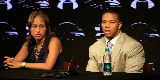OWINGS MILLS, MD - MAY 23: Running back Ray Rice of the Baltimore Ravens addresses a news conference with his wife Janay at the Ravens training center on May 23, 2014 in Owings Mills, Maryland. Rice spoke publicly for the first time since facing felony assault charges stemming from a February incident involving Janay at an Atlantic City casino. (Photo by Rob Carr/Getty Images)