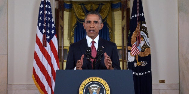 WASHINGTON, DC - SEPTEMBER 10: U.S. President Barack Obama delivers a prime time address from the Cross Hall of the White House on September 10, 2014 in Washington, DC. Vowing to target the Islamic State with air strikes 'wherever they exist', Obama pledged to lead a broad coalition to fight IS and work with 'partner forces' on the ground in Syria and Iraq. (Photo by Saul Loeb-Pool/Getty Images)