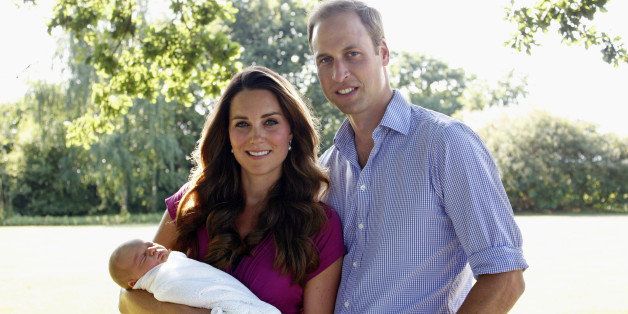 BUCKLEBURY, BERKSHIRE - AUGUST 2013: (EDITORIAL USE ONLY - NO SALES) In this handout image provided by Kensington Palace, Catherine, Duchess of Cambridge and Prince William, Duke of Cambridge pose for a photograph with their son, Prince George Alexander Louis of Cambridge in the garden of the Middleton family home in August 2013 in Bucklebury, Berkshire. (Photo by Michael Middleton/Kensington Palace via Getty Images)
