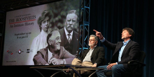BEVERLY HILLS, CA - JULY 22: Writer Geoffrey C. Ward (L) and Filmmaker Ken Burns speak onstage during the PBS Press tour 'K