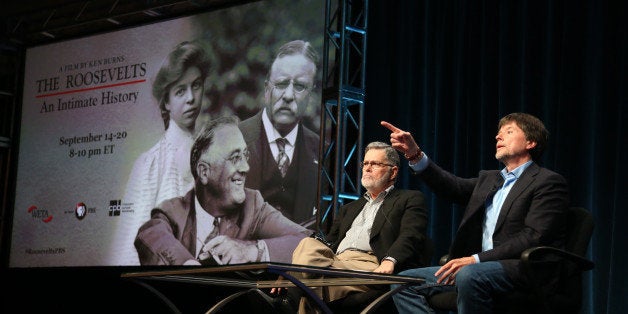 BEVERLY HILLS, CA - JULY 22: Writer Geoffrey C. Ward (L) and Filmmaker Ken Burns speak onstage during the PBS Press tour 'Ken Burns's The Roosevelts: An Intimate History' panel at the 2014 Summer TCA Tour - Day 15 at The Beverly Hilton Hotel on July 22, 2014 in Beverly Hills, California. (Photo by Frederick M. Brown/Getty Images)