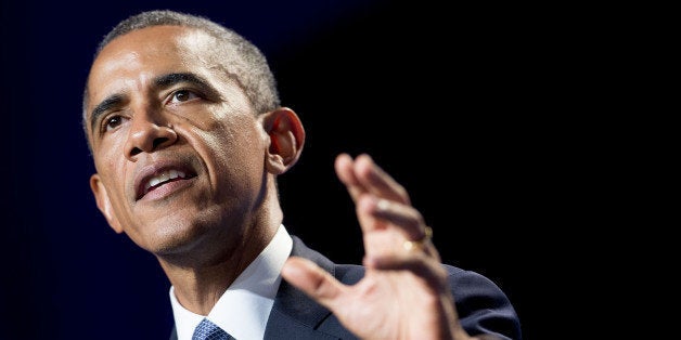 U.S. President Barack Obama speaks at the Democratic National Committee's (DNC) annual Women's Leadership Forum in Washington, D.C., U.S., on Friday, Sept. 19, 2014. Speaking at an event today at the White House, President Obama rolled out the 'It's On Us' campaign to encourage college students, especially men, to speak out against and prevent sexual assault on campuses. Photographer: Andrew Harrer/Bloomberg via Getty Images