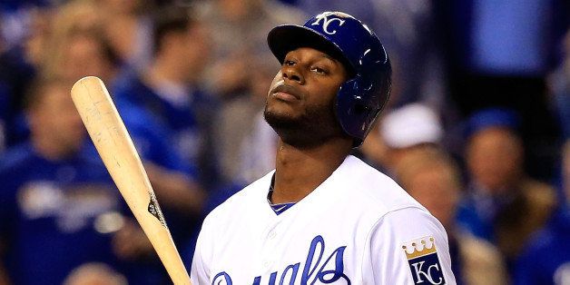 KANSAS CITY, MO - OCTOBER 21: Lorenzo Cain #6 of the Kansas City Royals reacts after striking out in the ninth inning against the San Francisco Giants during Game One of the 2014 World Series at Kauffman Stadium on October 21, 2014 in Kansas City, Missouri. (Photo by Rob Carr/Getty Images)