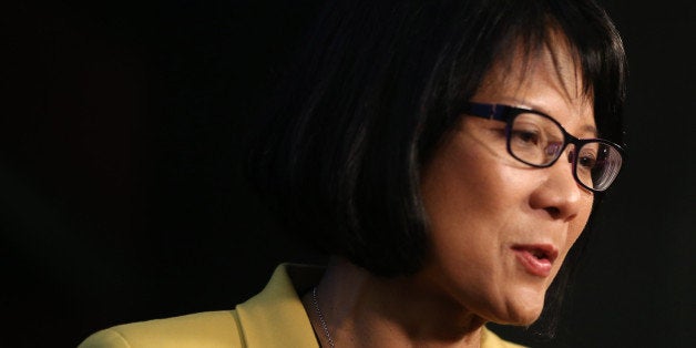 TORONTO, ON - OCTOBER 20: Olivia Chow scrums with media after the debate. Big Ideas mayoral debate hosted by Star columnist Christopher Hume and MPI's executive director Jamison Steeve at the Rotman School of Management's Desautels Hall at University of Toronto. (Steve Russell/Toronto Star via Getty Images)