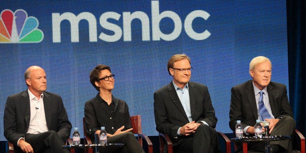 BEVERLY HILLS, CA - AUGUST 02: (L-R) President of MSNBC Phil Griffin, host of 'The Rachel Maddow Show' Rachel Maddow, host of 'The Last Word' Lawrence O' Donnell and host of 'Hardball' Chris Matthews speak during the 'MSNBC' panel during the NBC Universal portion of the 2011 Summer TCA Tour held at the Beverly Hilton Hotel on August 2, 2011 in Beverly Hills, California. (Photo by Frederick M. Brown/Getty Images)