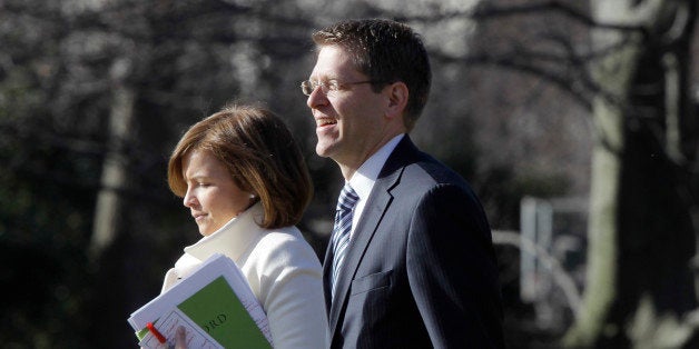 White House Press Secretary Jay Carney, who starts his new job today, walks with Deputy Chief of Staff Alyssa Mastromonaco on the South Lawn of the White House in Washington as they accompany President Barack Obama to Baltimore, Md., Monday, Feb. 14, 2011. (AP Photo/Charles Dharapak)