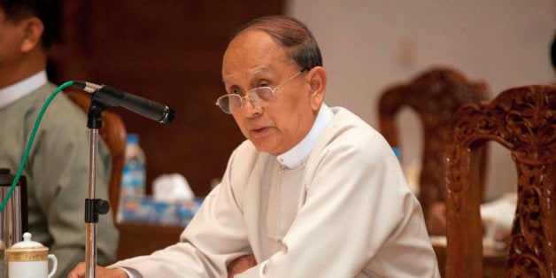 In this Nov. 26, 2014 photo, Myanmar President Thein Sein speaks during a meeting with representatives of political parties at Yangon region government office in Yangon, Myanmar. (AP Photo/Khin Maung Win)