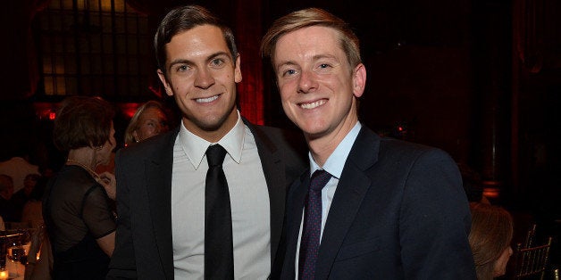 Sean Eldridge, president of Hudson River Ventures, left, and Chris Hughes, editor-in-chief and publisher of The New Republic and a founder of Facebook Inc., stand for a photograph during the Paris Review Spring Revel gala in New York, U.S., on Tuesday, April 3, 2012. The Paris Review Spring Revel is an annual gala held in celebration of great American writers and writing. This year's benefit celebrated the literary magazine's 200th issue. Photographer: Amanda Gordon/Bloomberg via Getty Images